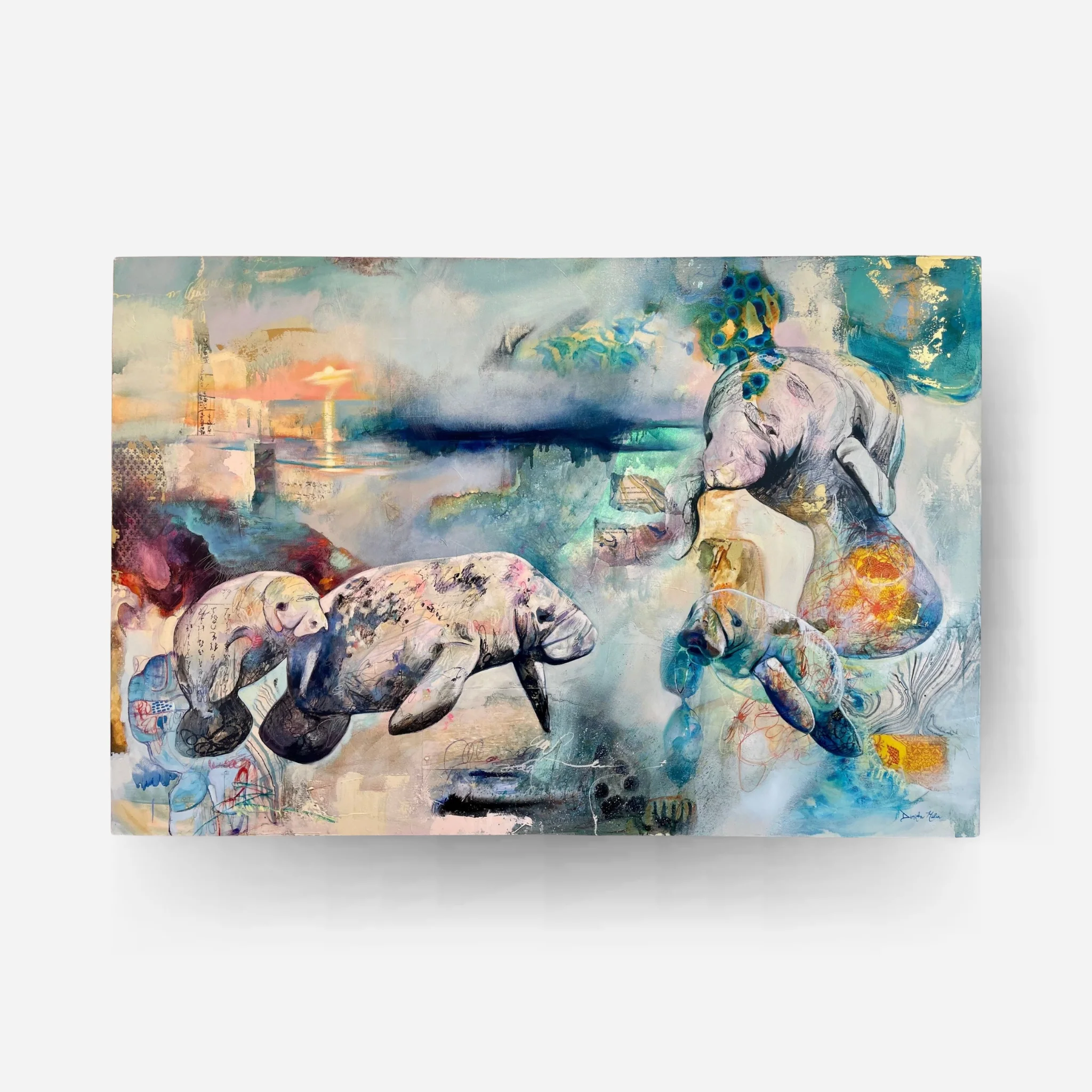 Sea turtles swimming among red flowers underwater